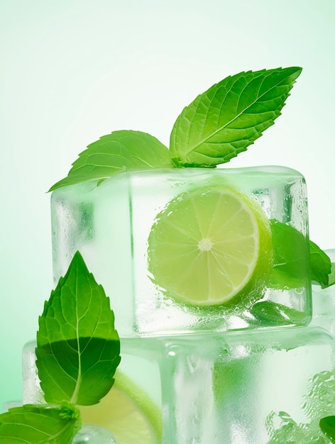Mint lime and ice cubes with mint leaves on green background
