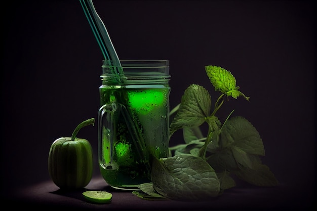 Mint smoothie in a glass on a dark background with ingredientsgenerative ai