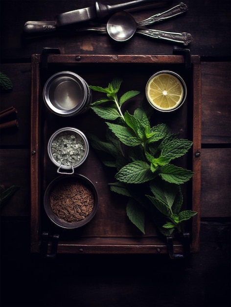 Mint and spices on a wooden tray generated by AI