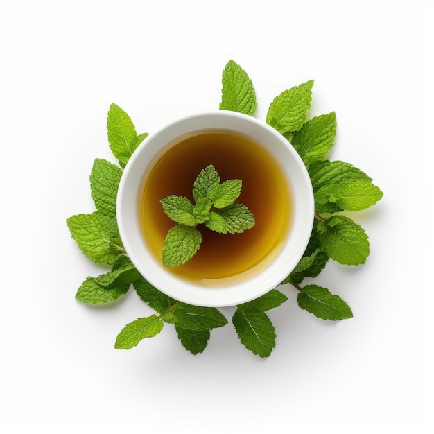 Mint tea in a cup isolated on white background Top view