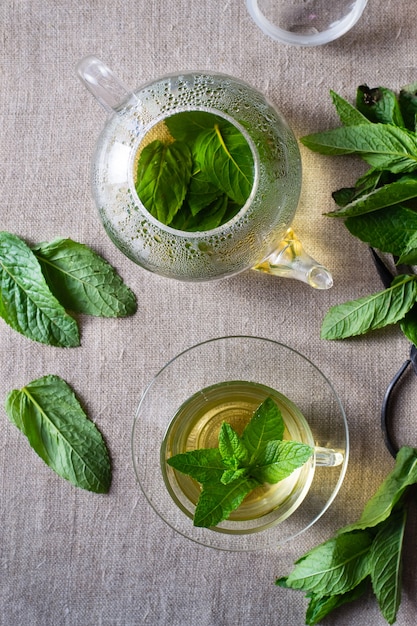 Mint tea in cup and pot. Top view