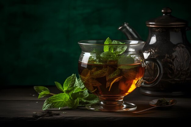 Mint tea On a dark background Neural network AI generated