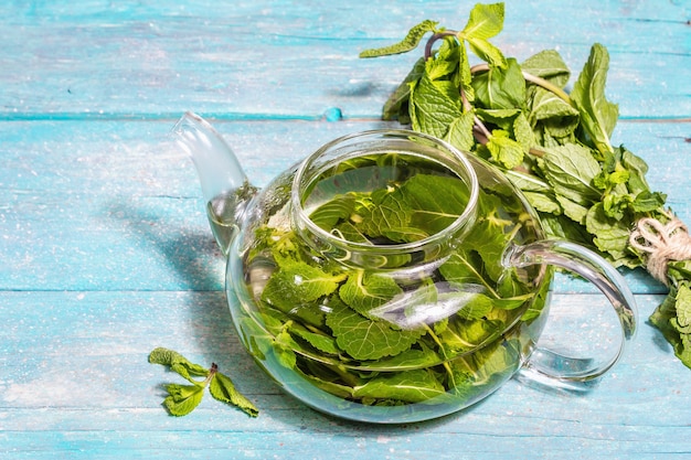 Mint tea from fresh leaves. Healthy hot drink in a glass teapot. Modern hard light, dark shadow, turquoise wooden boards background, place for text