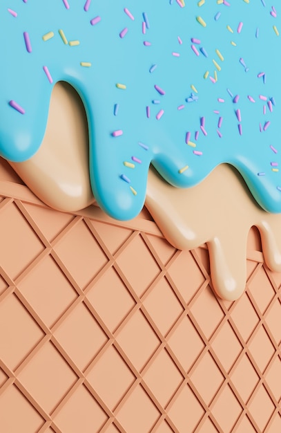 Photo mint and vanilla ice cream melted with sprinkles on wafer banner background with copy space.,3d model and illustration.