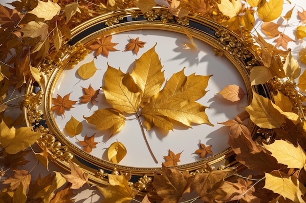 Minted gold autumn composition with golden leaves frame