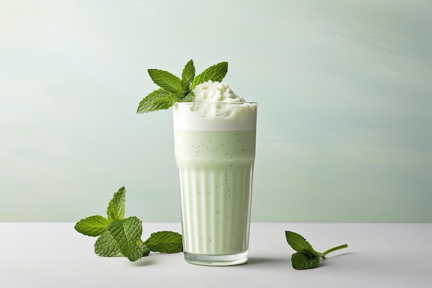 A mintflavored milkshake topped with cream and garnished with leaves placed on a white wooden table