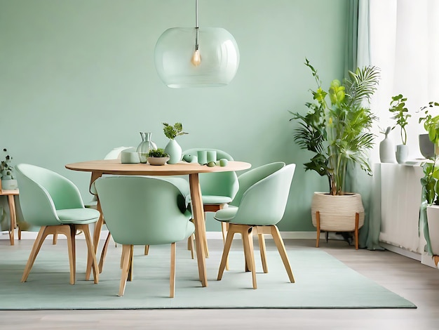 Mintkleurstoelen bij een ronde houten eettafel in een kamer met bank en kast bij een groene muur