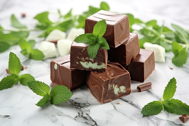 Minty marshmallows in chocolate on marble table