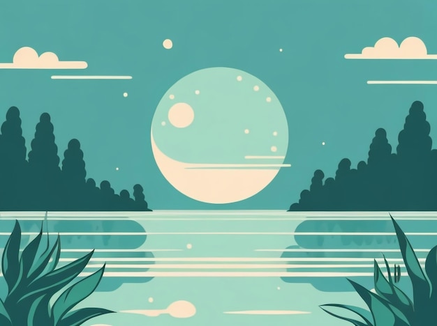 Минтовая спокойная луна над озером Векторная иллюстрация