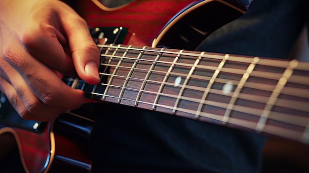 ギターの弦を弾くミュージシャンの指の細部