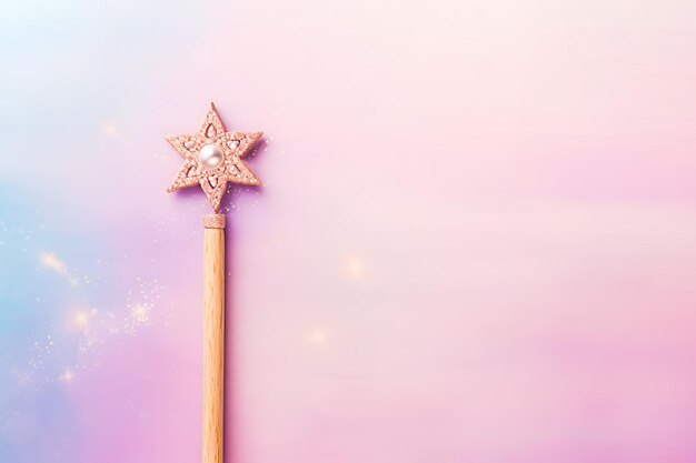 Miracle magic wand with sparkle lights on pastel background with copy space