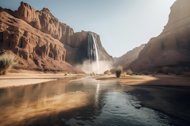 A mirage of a towering waterfall in the middle of a desert created with generative ai