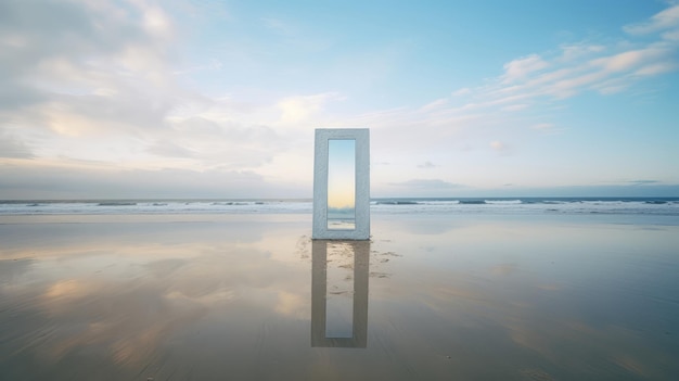 Mirror on the beach at sunset with reflection in the water