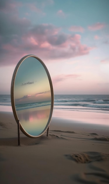 Foto uno specchio sulla spiaggia con il sole che tramonta dietro di esso