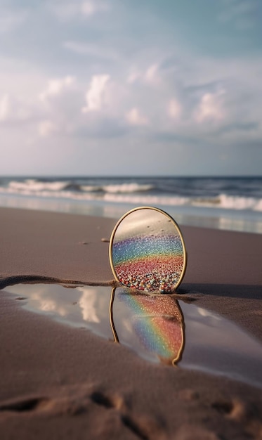 A Mirror On The Beach With The Sun Setting Behind It