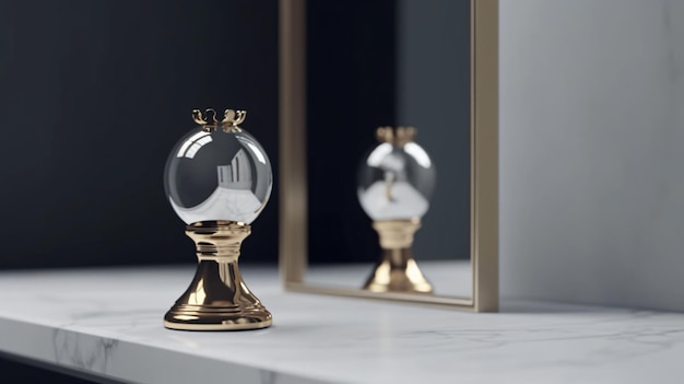 A mirror and a chess set on a marble counter top.