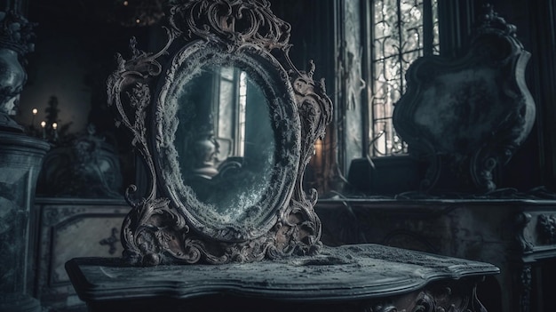 A mirror in a dark room with a candle lit up behind it.