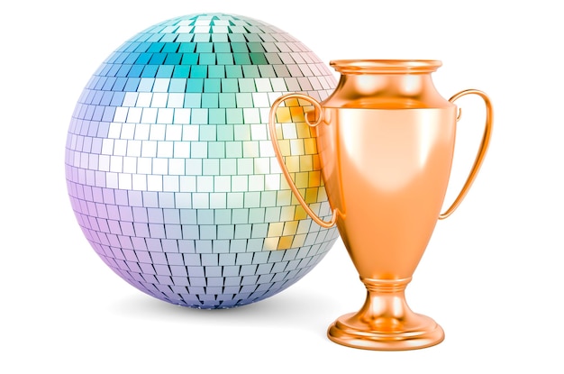 Mirror disco ball with gold trophy cup award 3D rendering