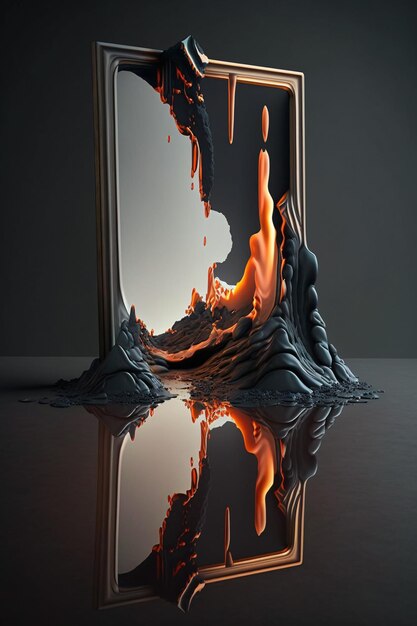 Mirror door to another time disintegrates into lave fantasy background surreal