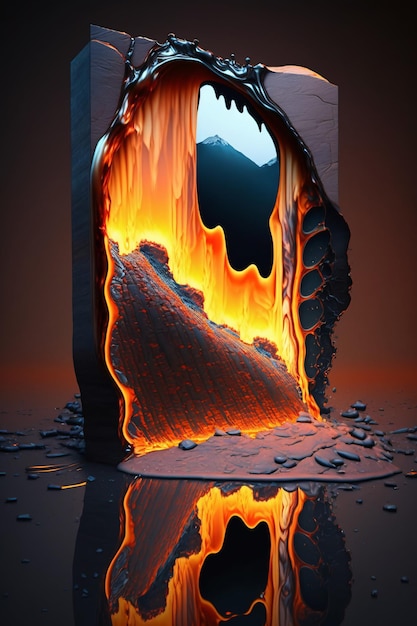 Mirror door to another time disintegrates into lave fantasy background surreal