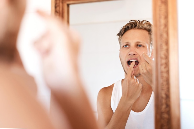 Photo mirror man and dental floss in bathroom for teeth whitening hygiene or morning routine oral care wellness and male person in reflection for fresh breath remove plaque or healthy gums in home