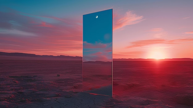 Photo a mirror in the middle of a desert with a sunset in the background and a red sky with clouds