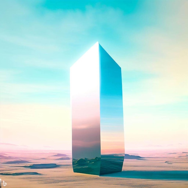 Photo a mirror monolith standing in the desert light blue and pink sky surreal digital art photorealis