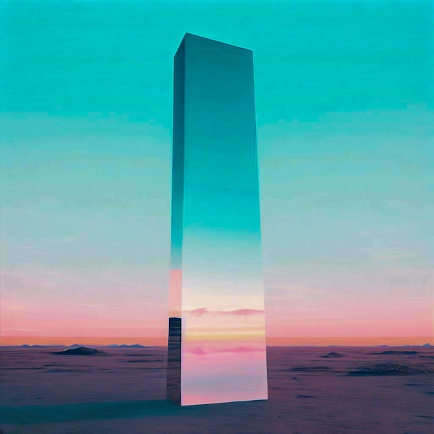 Foto un monolite a specchio in piedi nel deserto cielo azzurro e rosa arte digitale surreale