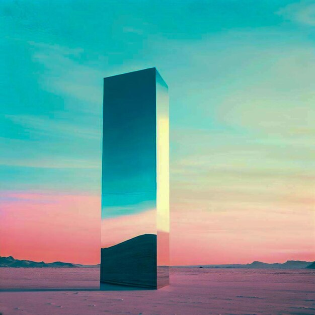 a mirror monolith standing in the desert light blue and pink sky surreal digital art