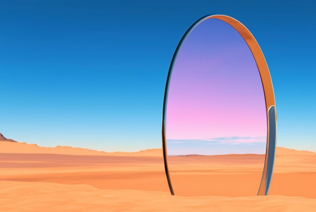 a mirror monolith standing in the desert light blue and pink sky surreal