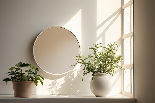 Photo mirror and plant by window in bright room