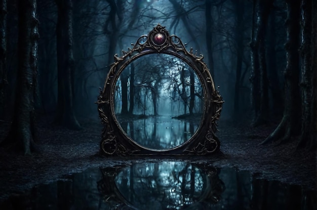 Mirror portal in a dark gloomy forest Fantasy AI