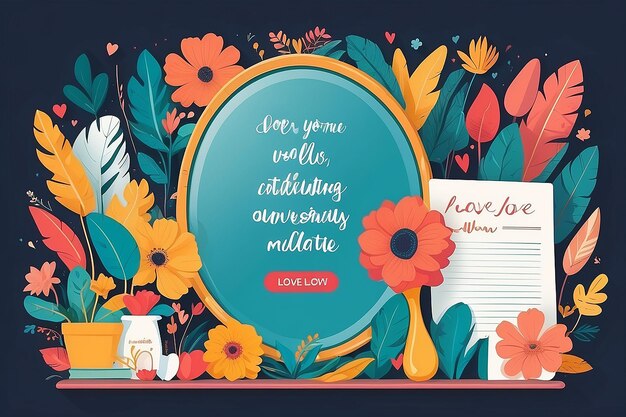 Photo mirror of positivity flat style vector illustration with selflove messages