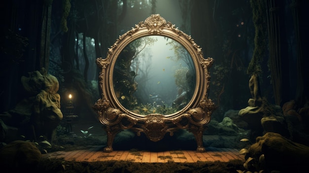 Зеркало, отражающее красоту леса на деревянном полу.
