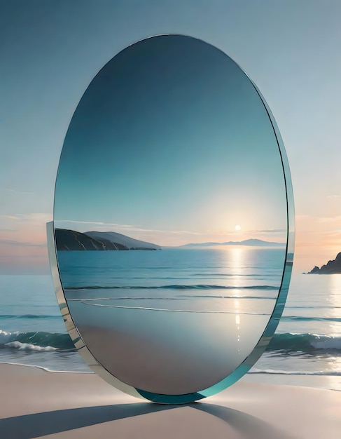 Зеркальная скульптура, отражающая морской пейзаж
