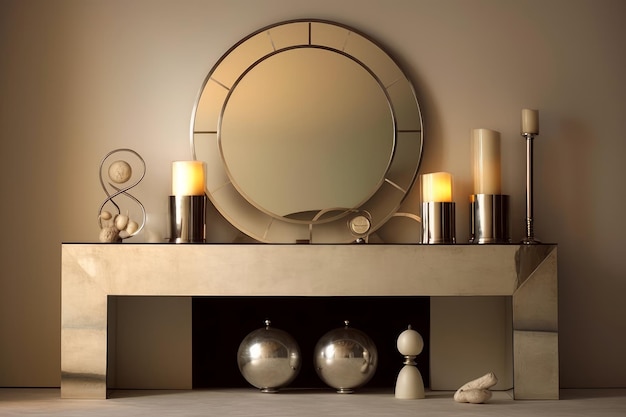 A mirror on a shelf with a candle on it