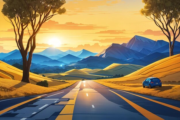 Mirror smooth road against the backdrop of sunset diamond hills and trees blue yellow color d illust