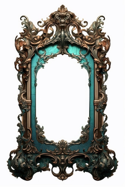 A mirror with a blue and green frame.