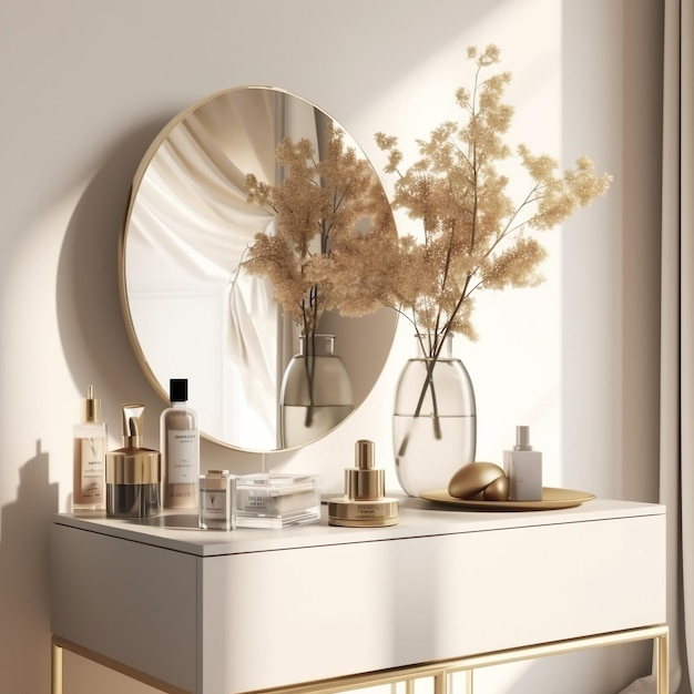 A mirror with a gold frame and a bottle of perfume on it