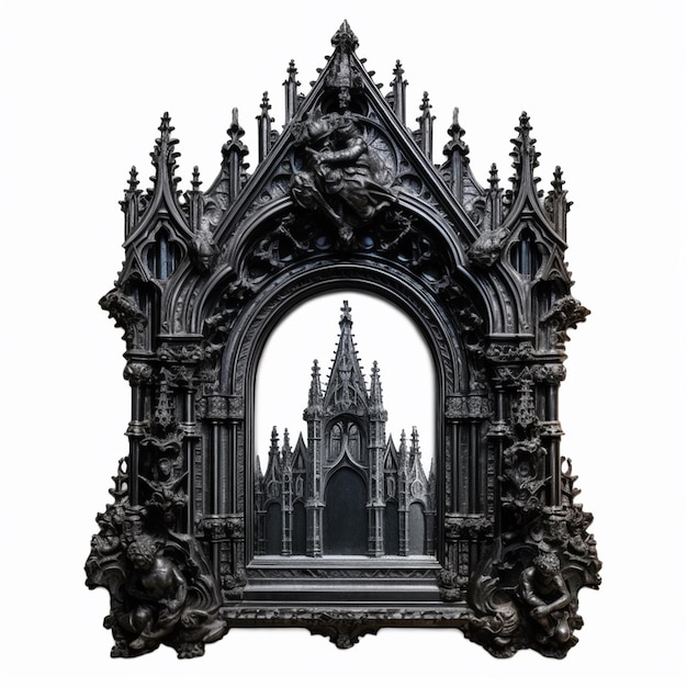 A mirror with a gothic style design on it.