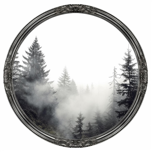 A mirror with a picture of a forest with a forest in the background.