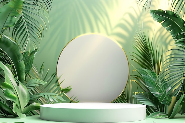 a mirror with a white frame and a green plant in the background3D rendering still life product displ