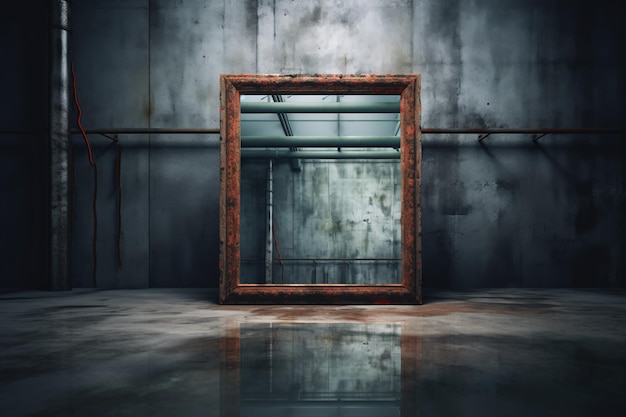 A mirror with a wooden frame with a dark reflective cement floor with a blurry background