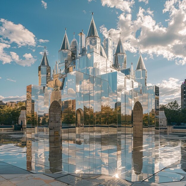 Photo mirrored sculpture of a castle with a clock tower in the background generative ai