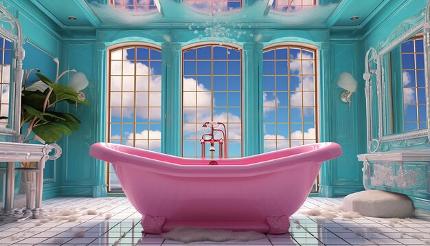 Mirrored tub bathroom has the pink ceiling and a light fixture in the style of cristina mcallister