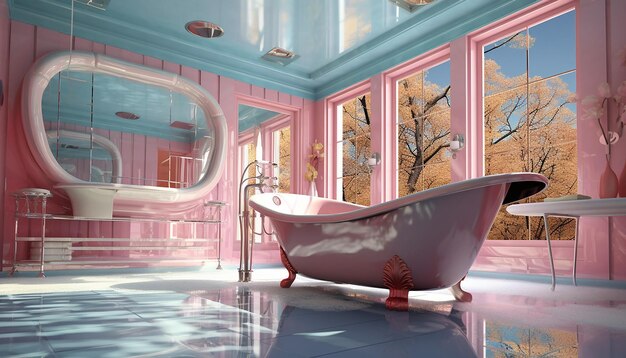 mirrored tub bathroom has the pink ceiling and a light fixture in the style of cristina mcallister