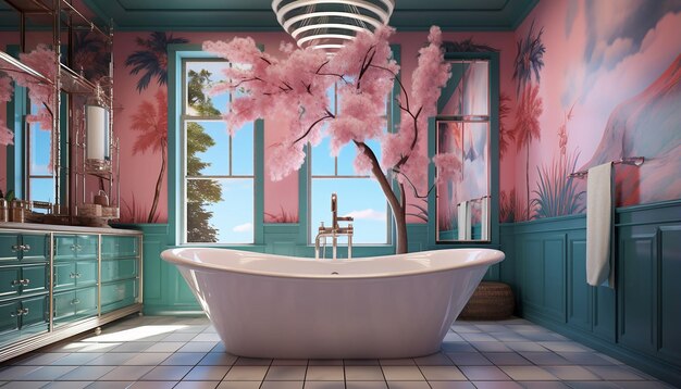 mirrored tub bathroom has the pink ceiling and a light fixture in the style of cristina mcallister