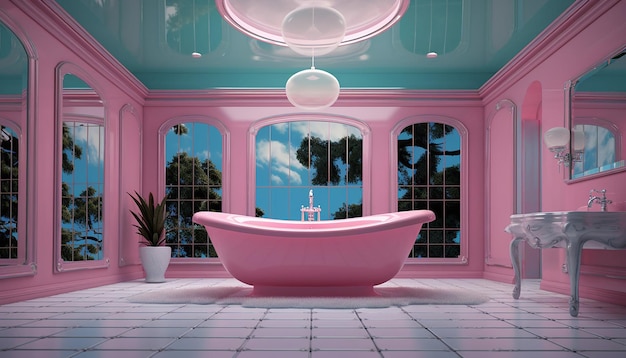 mirrored tub bathroom has the pink ceiling and a light fixture in the style of cristina mcallister