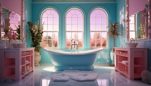 Mirrored tub bathroom has the pink ceiling and a light fixture in the style of cristina mcallister