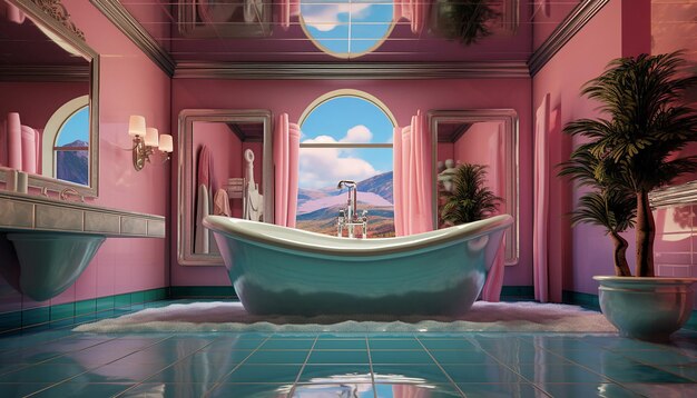 Photo mirrored tub bathroom has the pink ceiling and a light fixture in the style of cristina mcallister
